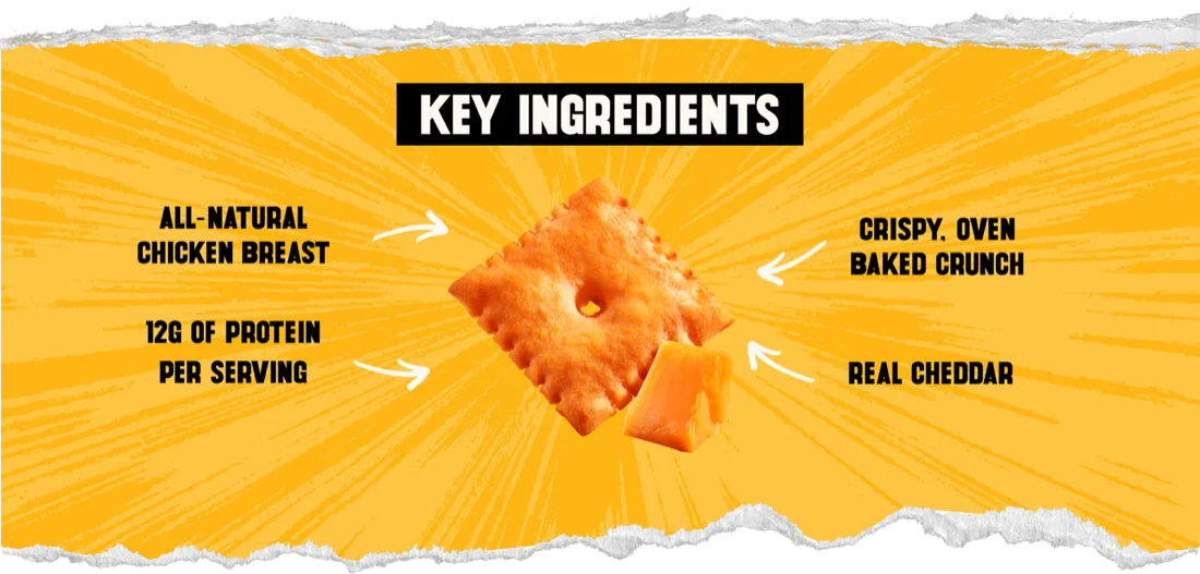 WILDE key ingredients diagram labelling all-natural chicken breast, 12g of protein per serving, real cheddar and crispy oven baked crunch