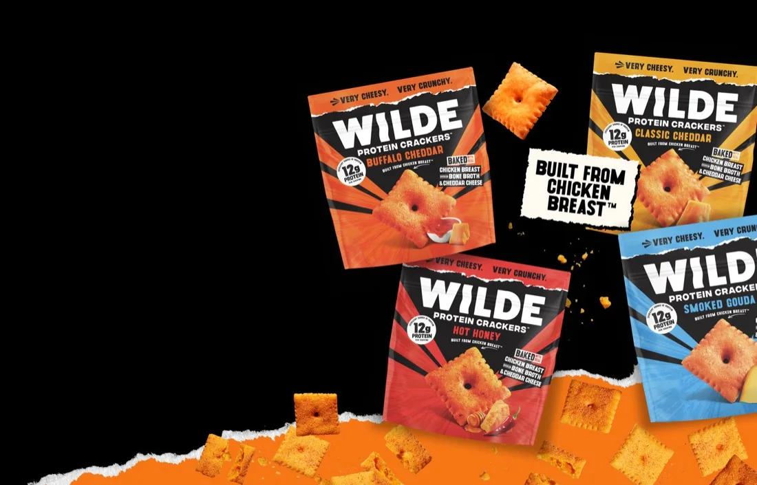 The four WILDE Protein Cracker flavors, Buffalo Cheddar, Classic Cheddar, Hot Honey and Smoked Gouda