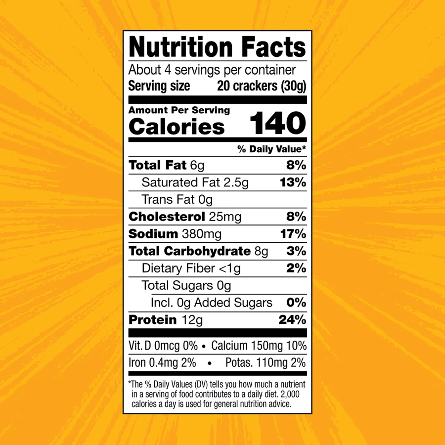 Nutrition Facts panel for WILDE Classic Cheddar Protein Crackers showing 12 grams of protein and 8 grams of total carbohydrate per serving