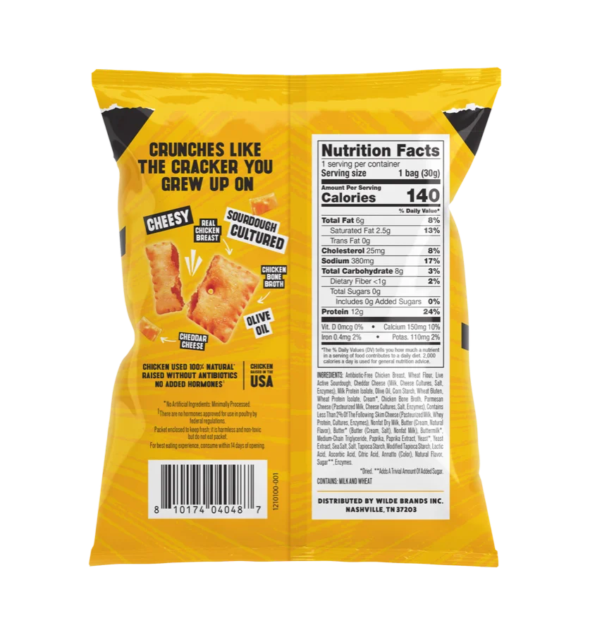 Back of the WILDE Classic Cheddar 1.06 ounce bag showing the Nutrition Facts panel and the full ingredient list