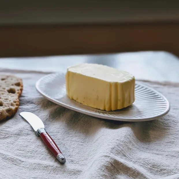 A block of French butter on a small ceramic plate with a butter knife beside it