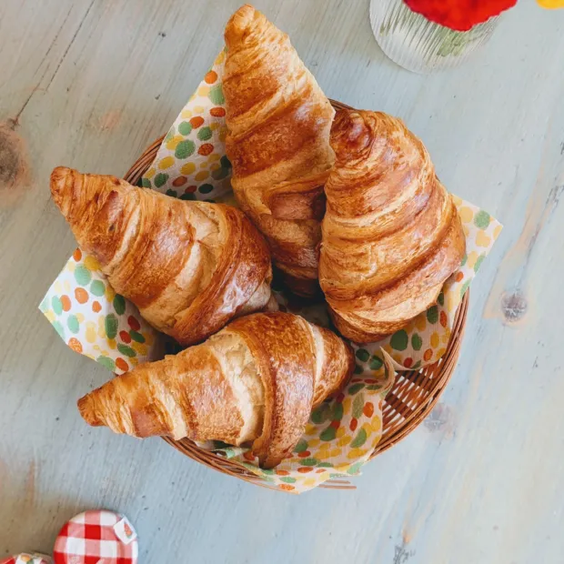 Seeded multigrain croissants arranged on a checked picnic cloth