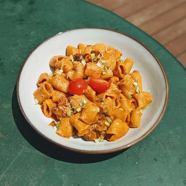 A white bowl of fresh rigatoni with sauce and herbs on a light surface