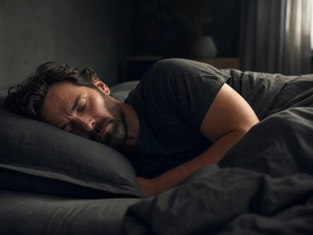 A man asleep on his side in a dark bedroom
