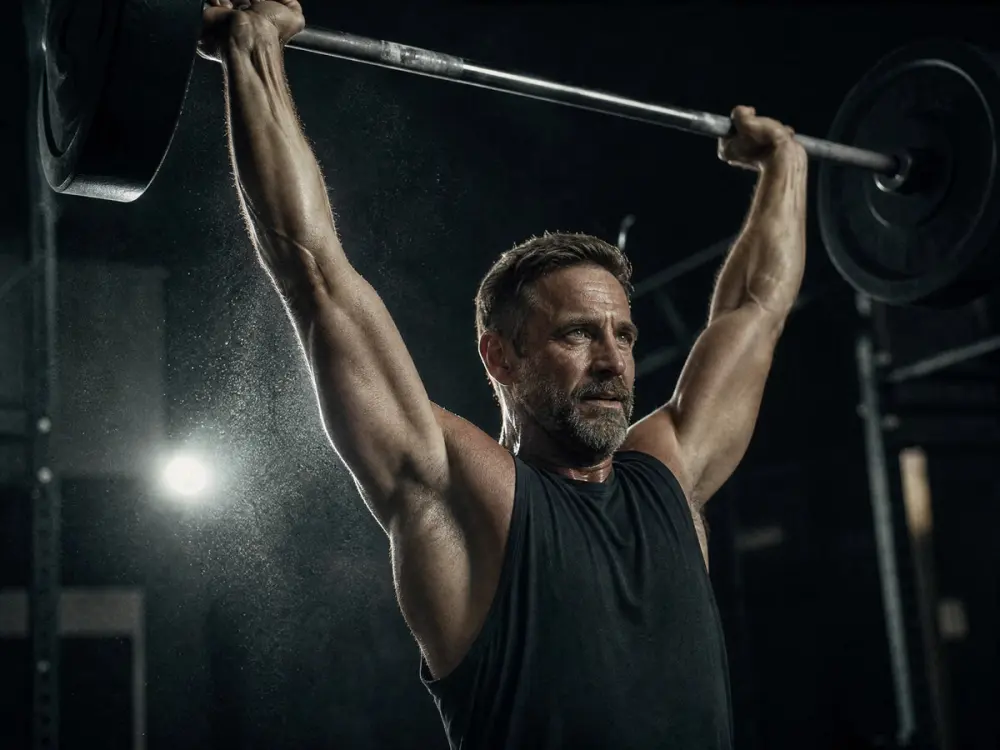 A man in his fifties pressing a loaded barbell overhead in a dark gym