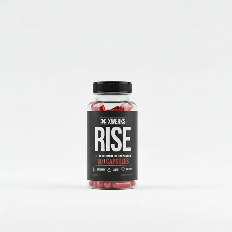A bottle of Xwerks Rise, 60 capsules, on a plain grey background