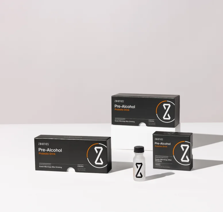ZBiotics Pre-Alcohol packaging: three-pack, six-pack and twelve-pack boxes with a single bottle